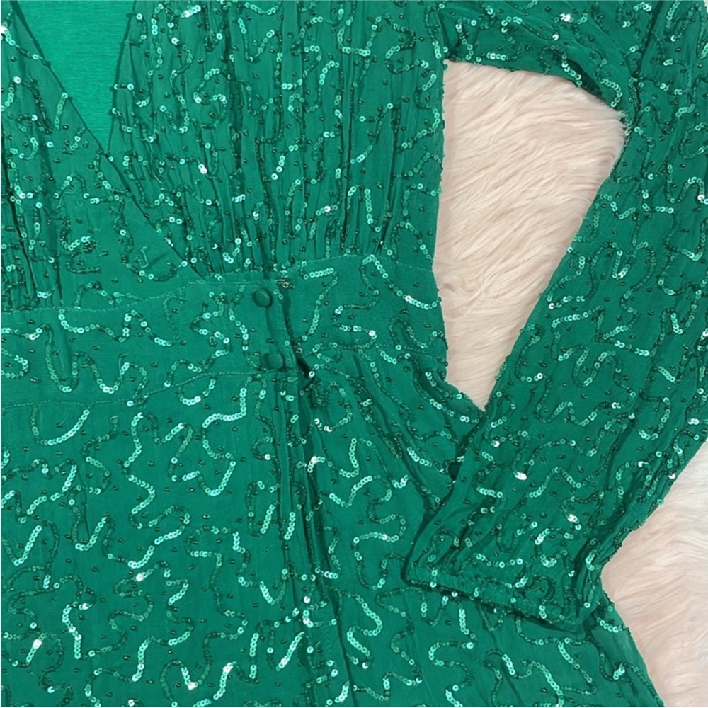 Show Me Your MuMu Phyllis Emerald Beaded Sequins Wrap Mini Dress - Picture 11 of 12